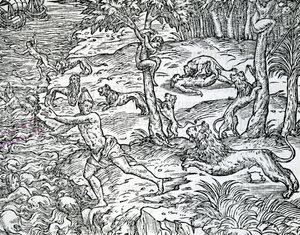 ライオンズが人間を攻撃して食べる、アンドレテヴェによる「フランスの古代遺跡」のイラスト、1558年発行 作： Jean the Younger Cousin